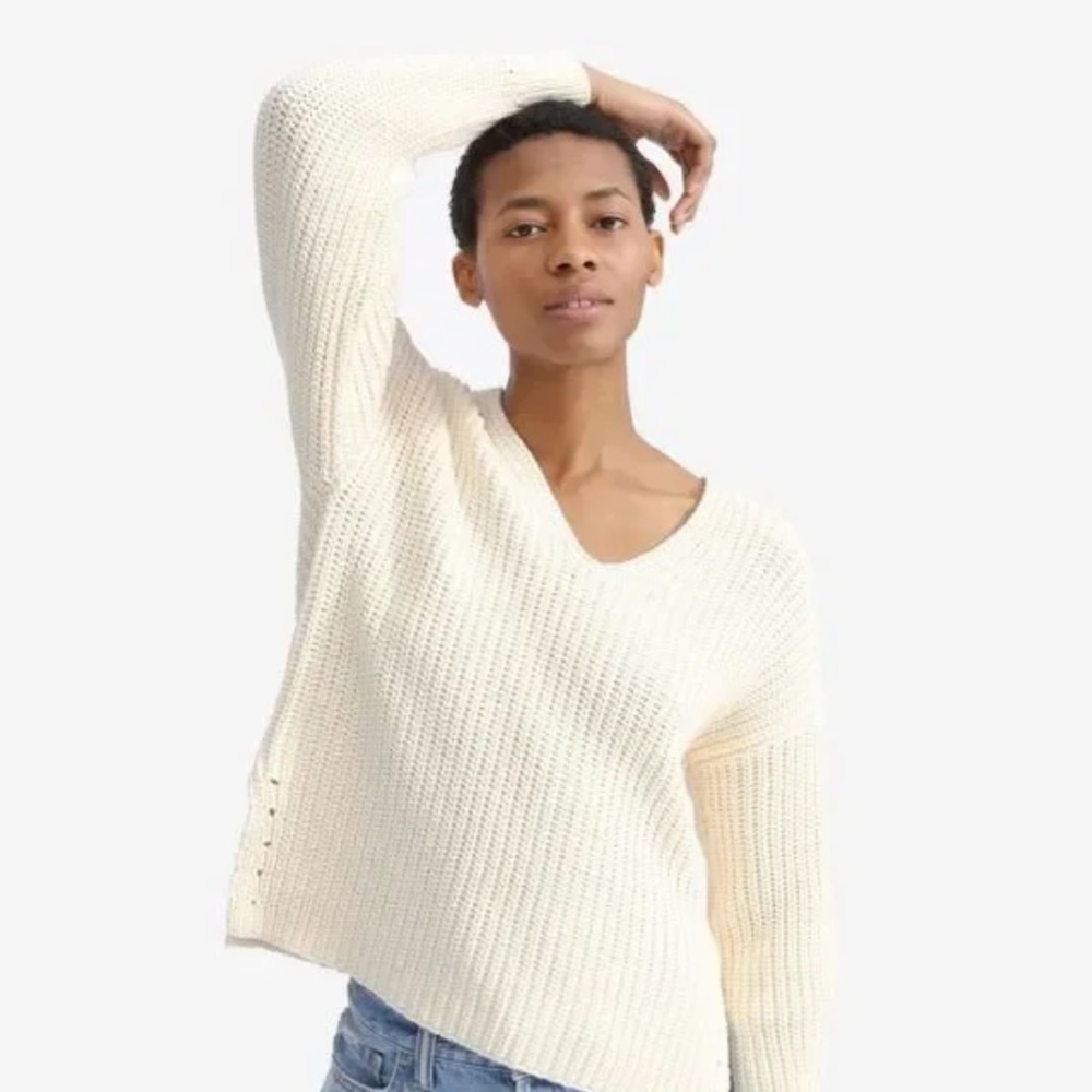 EVERLANE ivory chunky textured knit pullover vneck sweater size Small - Picture 2 of 4